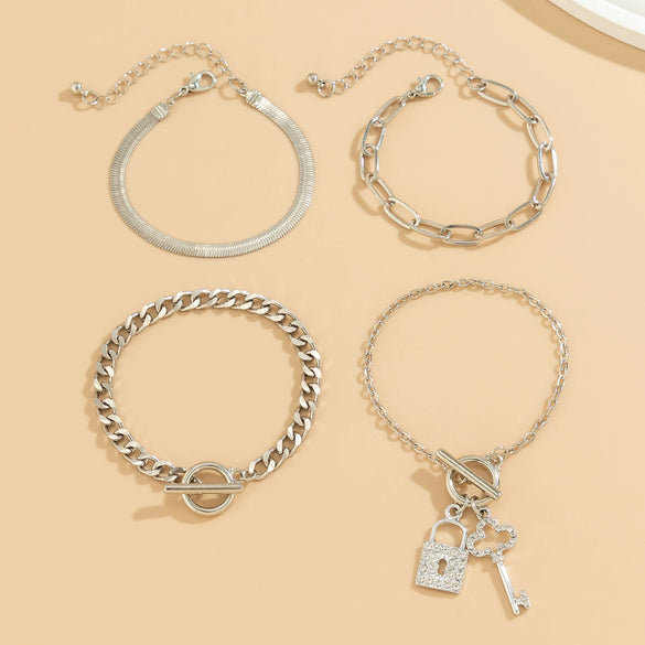 Jewelry Retro Fashion Metal Snake Bone Chain Bracelet With Lockshaped Key And Geometric Pattern Iron Chain Copper Chain Alloy Rhinestone Electroplated