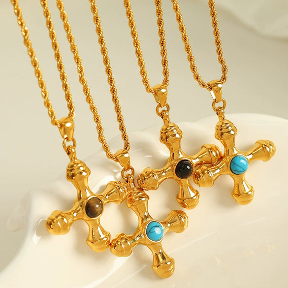 Jewelry Retro Joker Creative Cross 316L Stainless Steel Inlaid Tiger Eye Stone Electroplated Pendant Necklace Earrings For Women