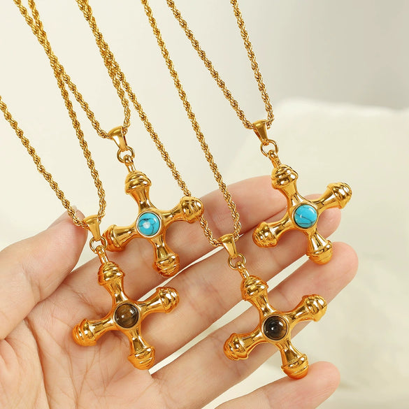 Jewelry Retro Joker Creative Cross 316L Stainless Steel Inlaid Tiger Eye Stone Electroplated Pendant Necklace Earrings For Women