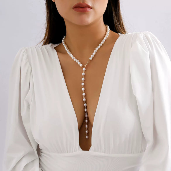 Jewelry Retro Round Beaded Chain Imitation Pearl Tassel Metal Ball Chain Necklace