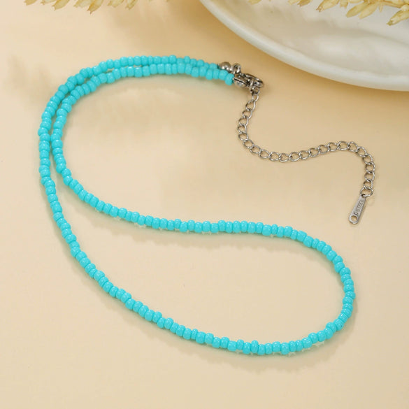 Jewelry Rice Beads Stainless Steel Geometric Handmade Double Layer Clavicle Chain Necklace