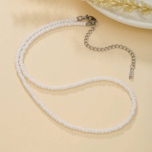 Jewelry Rice Beads Stainless Steel Geometric Handmade Double Layer Clavicle Chain Necklace