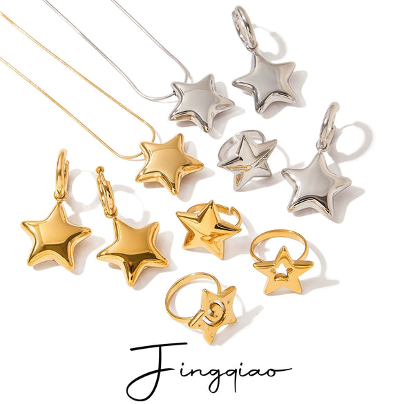 Jewelry Ring Earrings Necklace With Fivepointed Star Pattern Titanium Steel And Stainless Steel Electroplated For Women