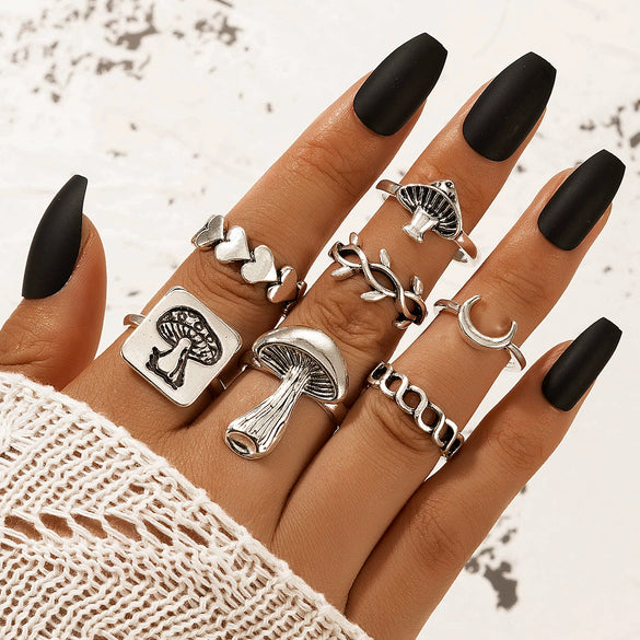 Jewelry Ring Mushroom Love Moon Leaves Ancient Silver Metal Geometric Electroplated Unisex 7Piece Set
