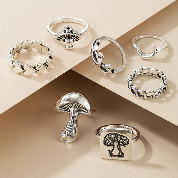 Jewelry Ring Mushroom Love Moon Leaves Ancient Silver Metal Geometric Electroplated Unisex 7Piece Set