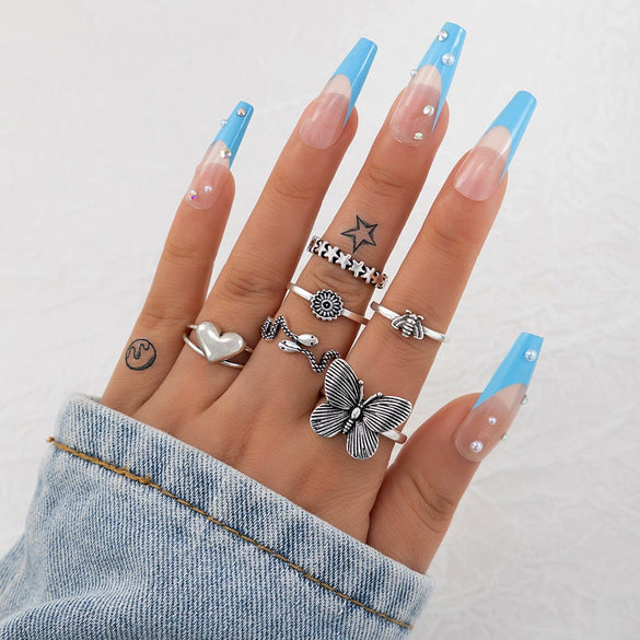 Jewelry Ring Mushroom Love Moon Leaves Ancient Silver Metal Geometric Electroplated Unisex 7Piece Set
