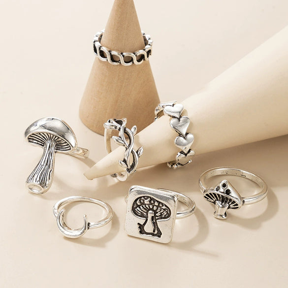 Jewelry Ring Mushroom Love Moon Leaves Ancient Silver Metal Geometric Electroplated Unisex 7Piece Set