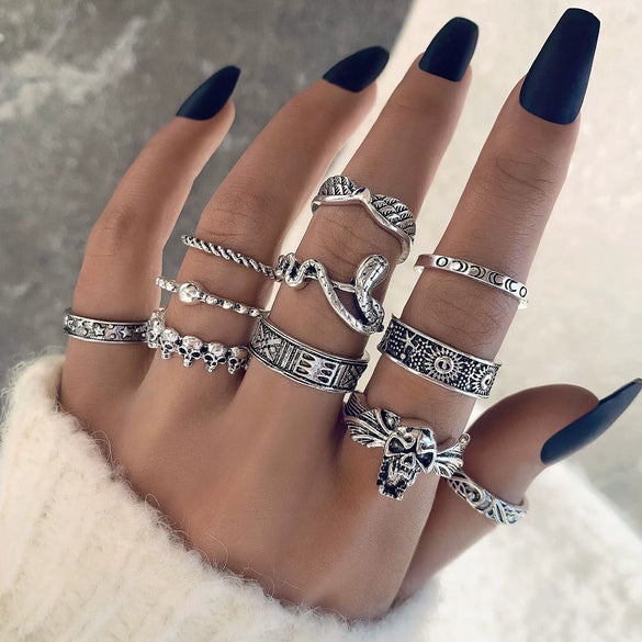 Jewelry Ring Mushroom Love Moon Leaves Ancient Silver Metal Geometric Electroplated Unisex 7Piece Set
