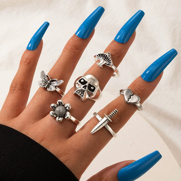 Jewelry Ring Mushroom Love Moon Leaves Ancient Silver Metal Geometric Electroplated Unisex 7Piece Set
