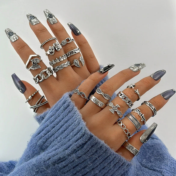 Jewelry Ring Mushroom Love Moon Leaves Ancient Silver Metal Geometric Electroplated Unisex 7Piece Set