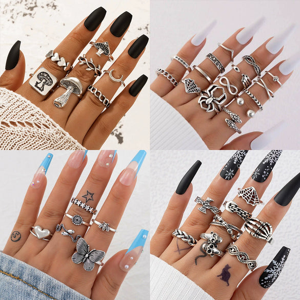 Jewelry Ring Mushroom Love Moon Leaves Ancient Silver Metal Geometric Electroplated Unisex 7Piece Set