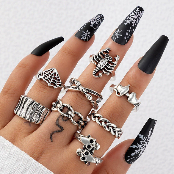 Jewelry Ring Mushroom Love Moon Leaves Ancient Silver Metal Geometric Electroplated Unisex 7Piece Set