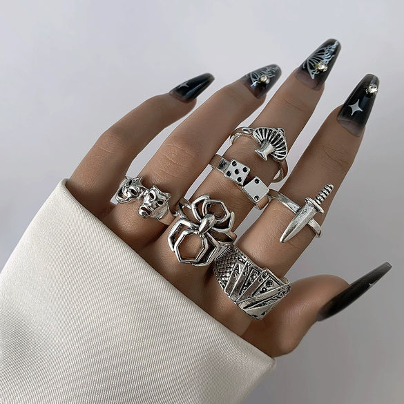 Jewelry Ring Mushroom Love Moon Leaves Ancient Silver Metal Geometric Electroplated Unisex 7Piece Set