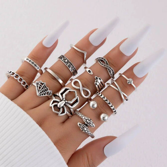 Jewelry Ring Mushroom Love Moon Leaves Ancient Silver Metal Geometric Electroplated Unisex 7Piece Set