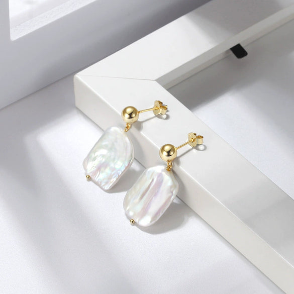 Jewelry S925 Sterling Silver Baroque Natural Freshwater Pearl Petal Geometric Electroplated Earrings