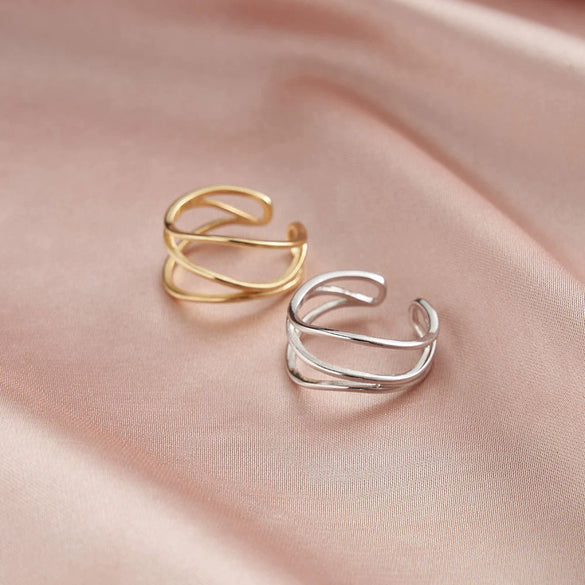 Jewelry S925 Sterling Silver Geometric Cshaped Multilayered Open Ring 14K Goldplated