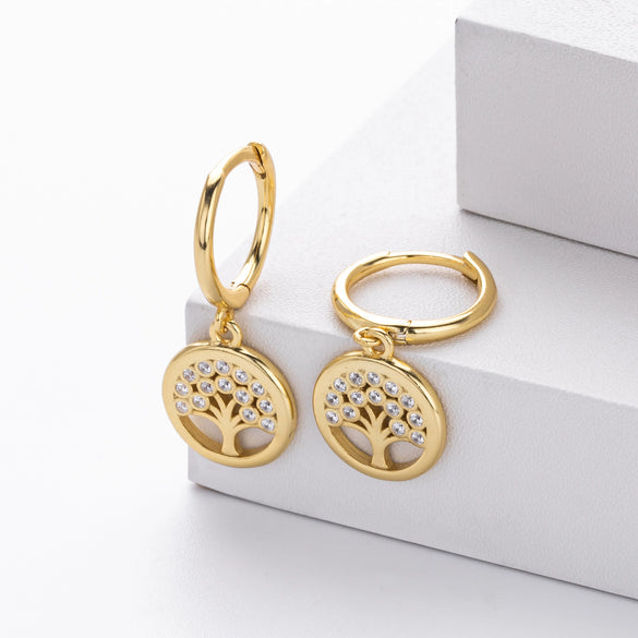 Jewelry S925 Sterling Silver Inlaid Zircon Geometric Tree Of Life Gold Plated Women's Earrings