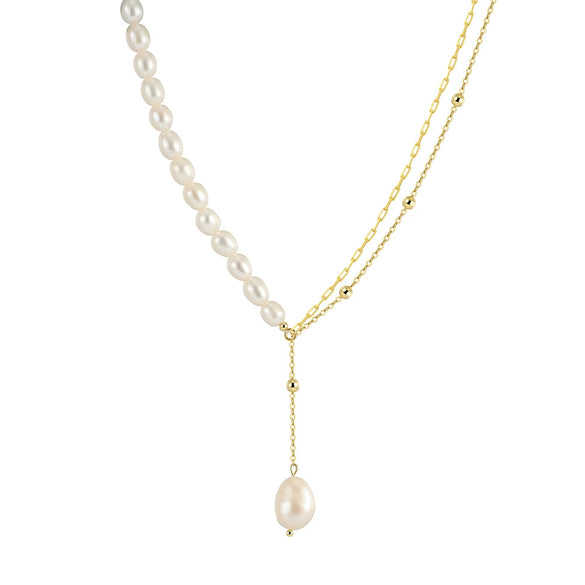 Jewelry S925 Sterling Silver Natural Pearl Geometric Pendant Necklace Electroplating