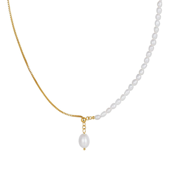 Jewelry S925 Sterling Silver Natural Pearl Geometric Pendant Necklace Electroplating