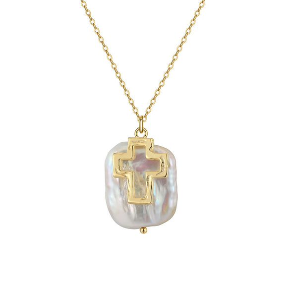 Jewelry S925 Sterling Silver Natural Pearl Geometric Pendant Necklace Electroplating
