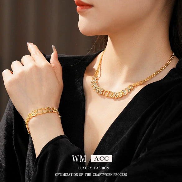 Jewelry Set Alloy And Copper Electroplated Flowers Pendant Clavicle Chain Light Luxury Style For Women
