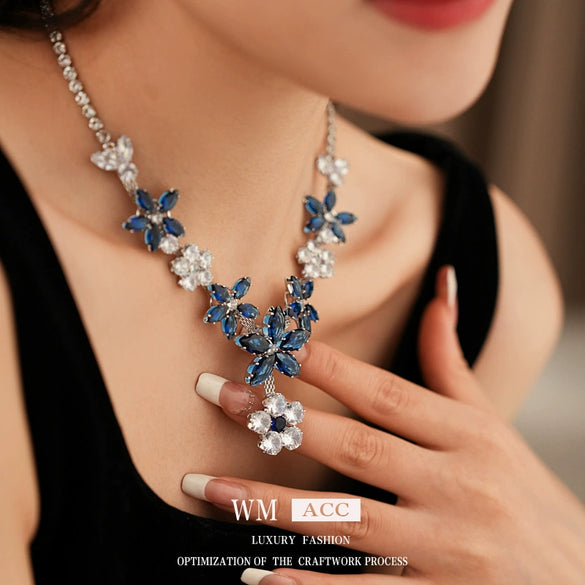 Jewelry Set Alloy Copper Pendant Earrings And Clavicle Chain With Zircon Heart Water Drop Bell Flower Design Highend Style