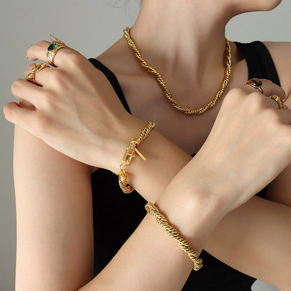 Jewelry Set Copper Twist Chain Exotic Geometric Electroplated Necklace Bracelet For Women