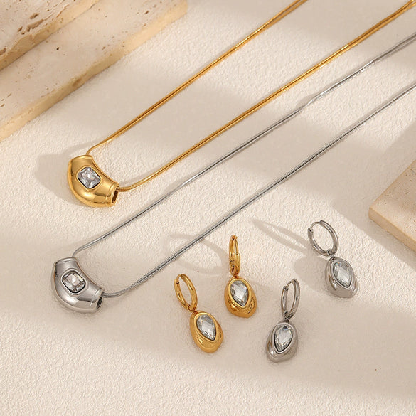 Jewelry Set Earrings And Necklace Geometric Water Drops Zircon Highend Stainless Steel Electroplated