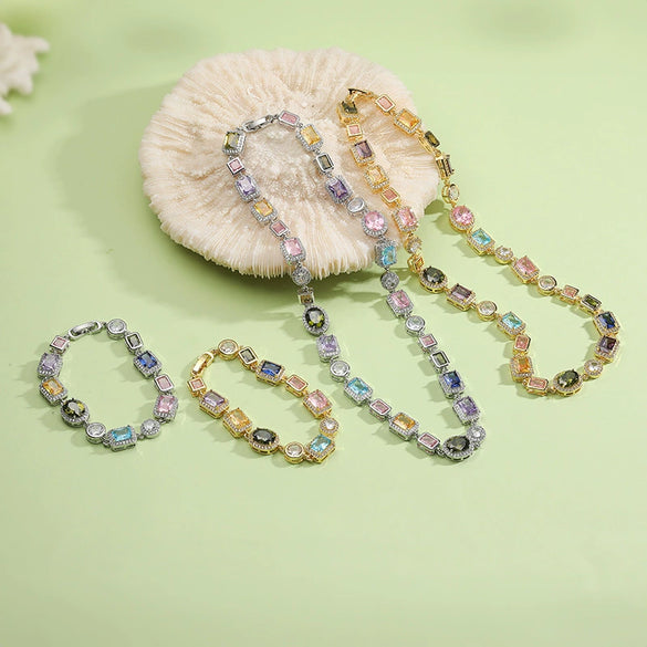 Jewelry Set Geometric Cuban Chain Copper Zirconia Light Luxury Choker Necklace And Bracelet