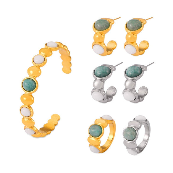 Jewelry Set Geometric Inlaid Natural Stone Splicing Round Bead 316L Stainless Steel Electroplating Design For Women