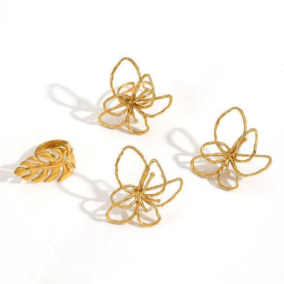 Jewelry Set Geometric Line Ring Earrings Stainless Steel Leaf Butterfly Electroplating