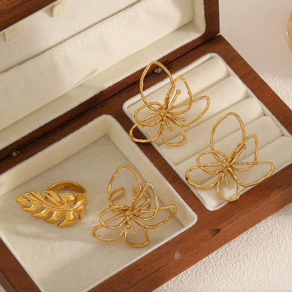 Jewelry Set Geometric Line Ring Earrings Stainless Steel Leaf Butterfly Electroplating
