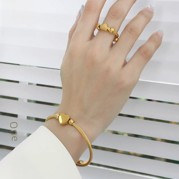 Jewelry Set Goldplated Titanium Steel Love Shape Adjustable Coil Bracelet And Ring