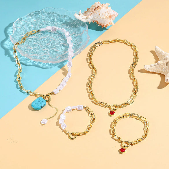 Jewelry Set Hiphop Style Ot Buckle Imitation Pearls Turquoise Heart Water Drop Bell Electroplating