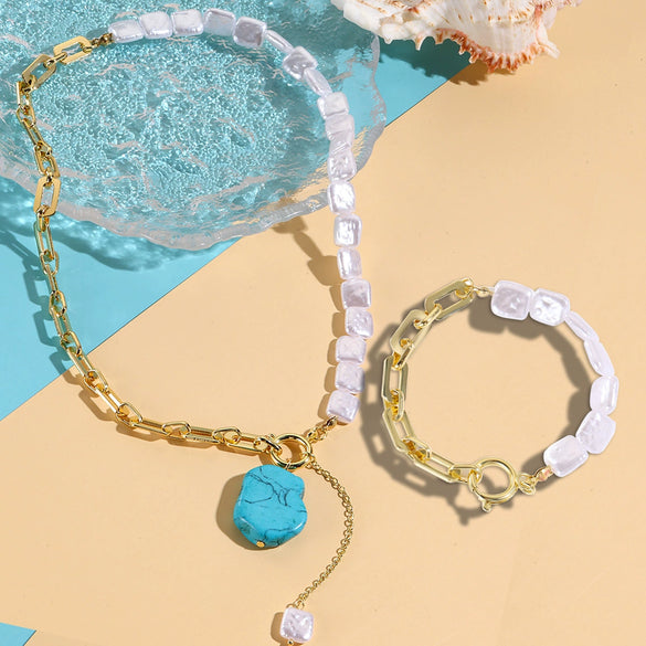 Jewelry Set Hiphop Style Ot Buckle Imitation Pearls Turquoise Heart Water Drop Bell Electroplating