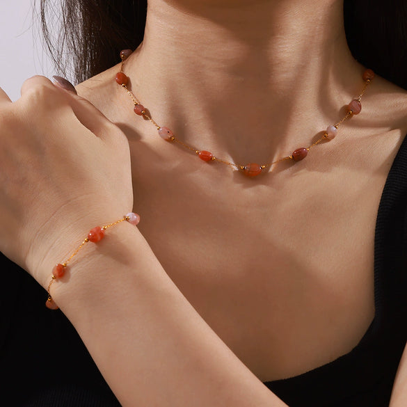 Jewelry Set Natural Agate Stone Handbeaded 316L Stainless Steel Chain Electroplating Design Unisex
