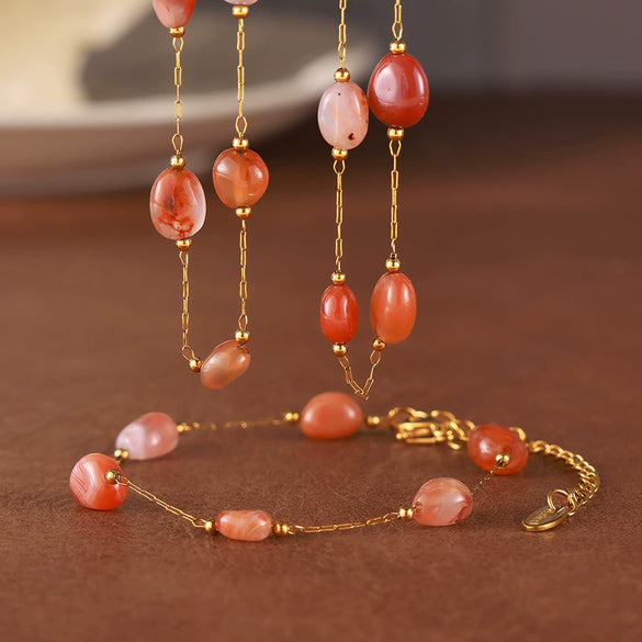 Jewelry Set Natural Agate Stone Handbeaded 316L Stainless Steel Chain Electroplating Design Unisex