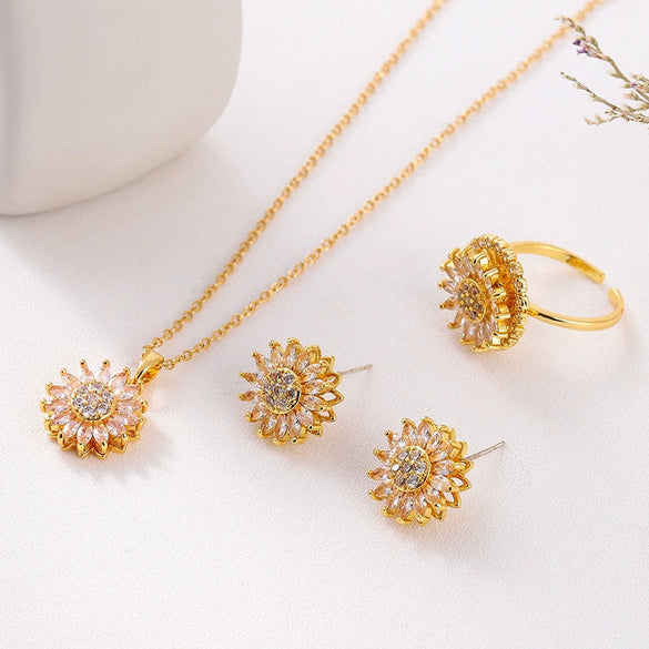 Jewelry Set Necklace Earrings Ring Titanium Steel Inlaid With Zircon Copper Plated With Real Gold Sunflower Pattern Original Design