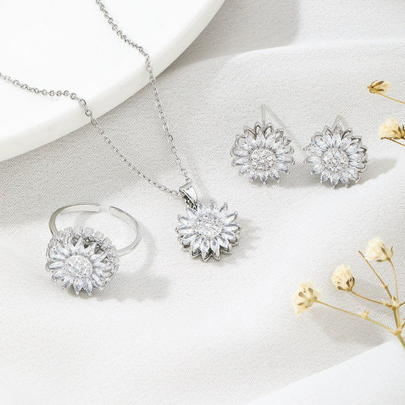 Jewelry Set Necklace Earrings Ring Titanium Steel Inlaid With Zircon Copper Plated With Real Gold Sunflower Pattern Original Design