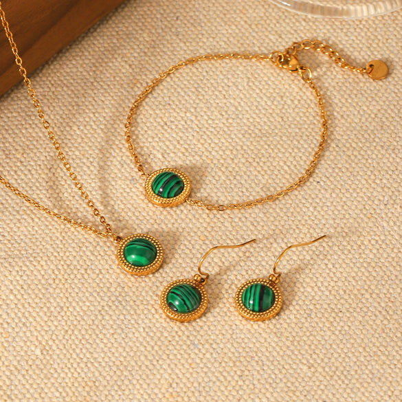 Jewelry Set Stainless Steel Geometric Malachite Set With Gems