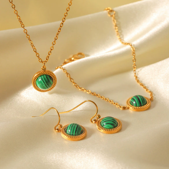 Jewelry Set Stainless Steel Geometric Malachite Set With Gems