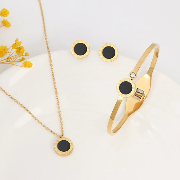 Jewelry Set Stainless Steel Titanium Steel Roman Round Ochain Necklace Earrings Bracelet Electroplated