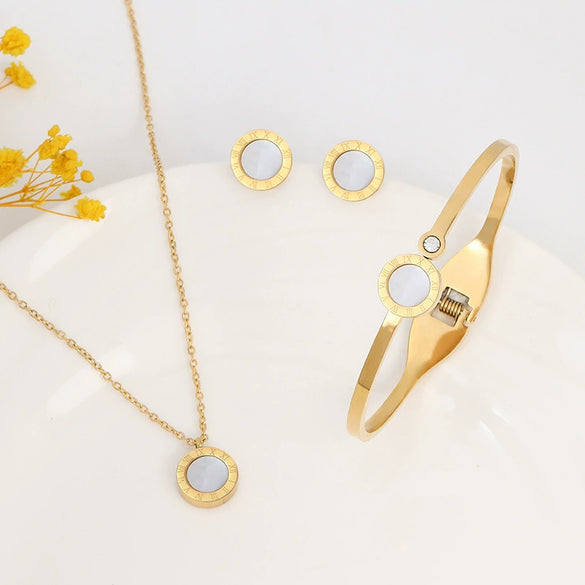 Jewelry Set Stainless Steel Titanium Steel Roman Round Ochain Necklace Earrings Bracelet Electroplated