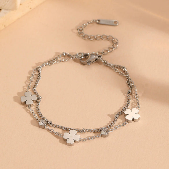 Jewelry Set Titanium Steel Beaded Floret Four Leaf Clover Diamond Double Layer Bamboo Chain For Women
