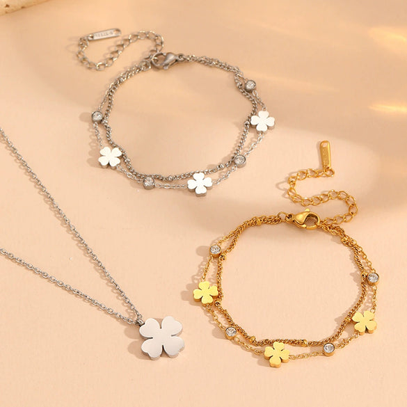 Jewelry Set Titanium Steel Beaded Floret Four Leaf Clover Diamond Double Layer Bamboo Chain For Women