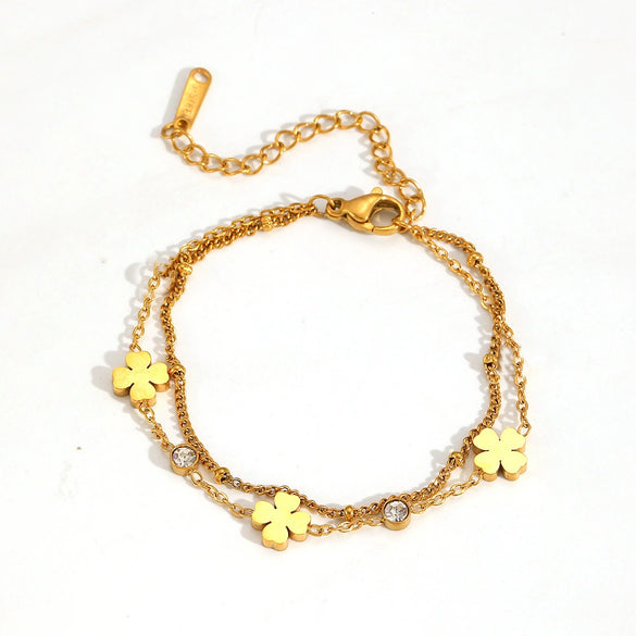 Jewelry Set Titanium Steel Beaded Floret Four Leaf Clover Diamond Double Layer Bamboo Chain For Women