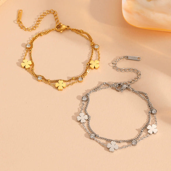 Jewelry Set Titanium Steel Beaded Floret Four Leaf Clover Diamond Double Layer Bamboo Chain For Women