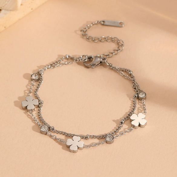 Jewelry Set Titanium Steel Beaded Floret Four Leaf Clover Diamond Double Layer Bamboo Chain For Women