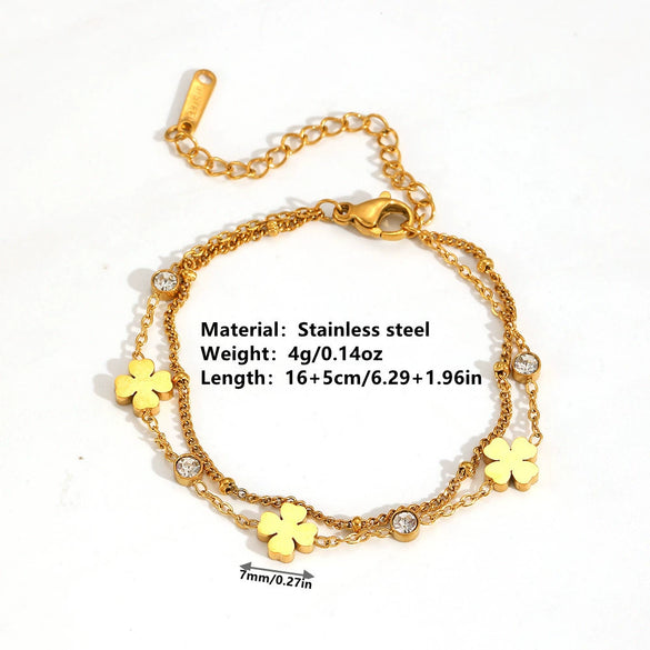 Jewelry Set Titanium Steel Beaded Floret Four Leaf Clover Diamond Double Layer Bamboo Chain For Women