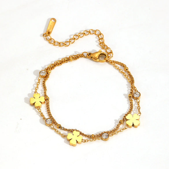 Jewelry Set Titanium Steel Beaded Floret Four Leaf Clover Diamond Double Layer Bamboo Chain For Women